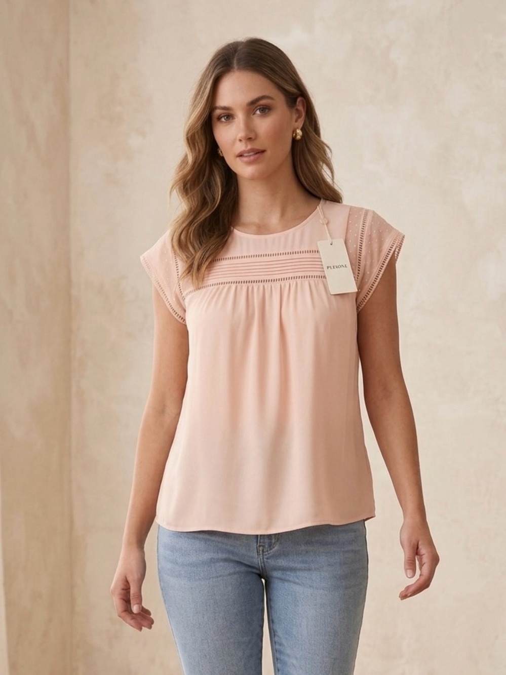 Pleione Blush Pink Lace-Trim Cap Sleeve Top
